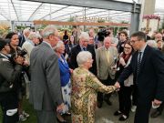 Dame Judy Dench greets Adam Dunnett watched by Robert and John Hillier at Chelsea 2019